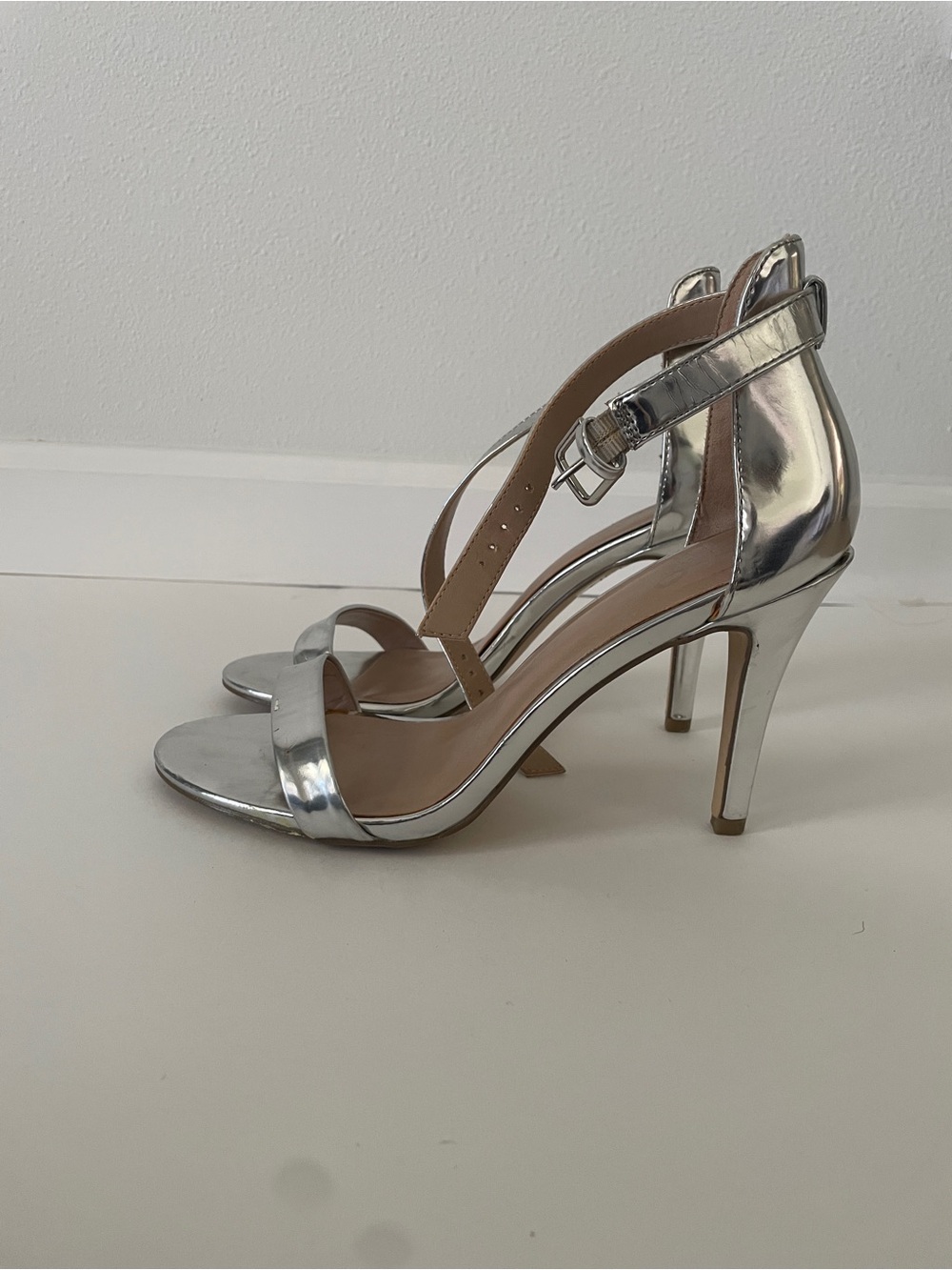 Silver Metallic Ankle-Strap Heel